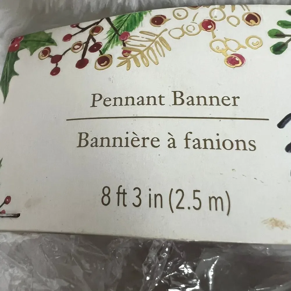 Sealed Pier 1 Pennant Banner Merry Christmas Buffalo Plaid Burlap w/Holly Accent